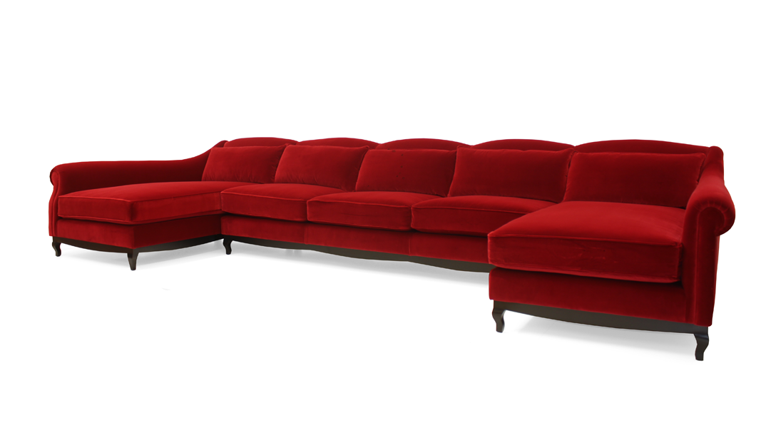 Luxury rich red velvet Mozart corner sofa by Luxuria London