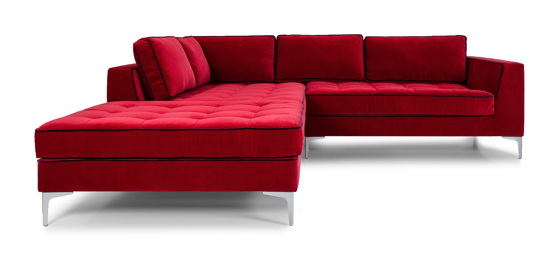 Luxury rich red Avant corner sofa with black piping by Luxuria London